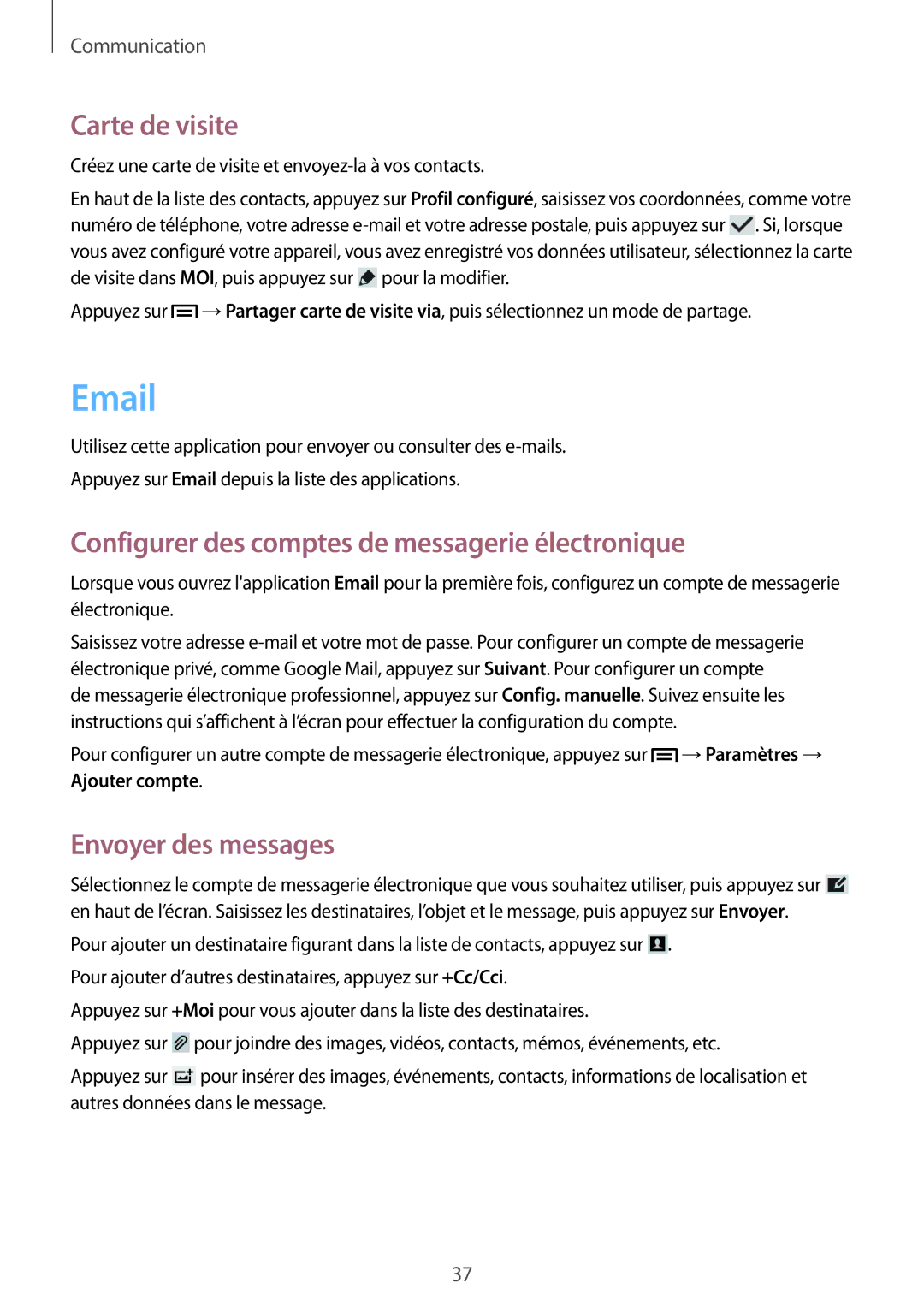 Samsung SM-T2100ZWZXEF manual Carte de visite, Configurer des comptes de messagerie électronique, Envoyer des messages 