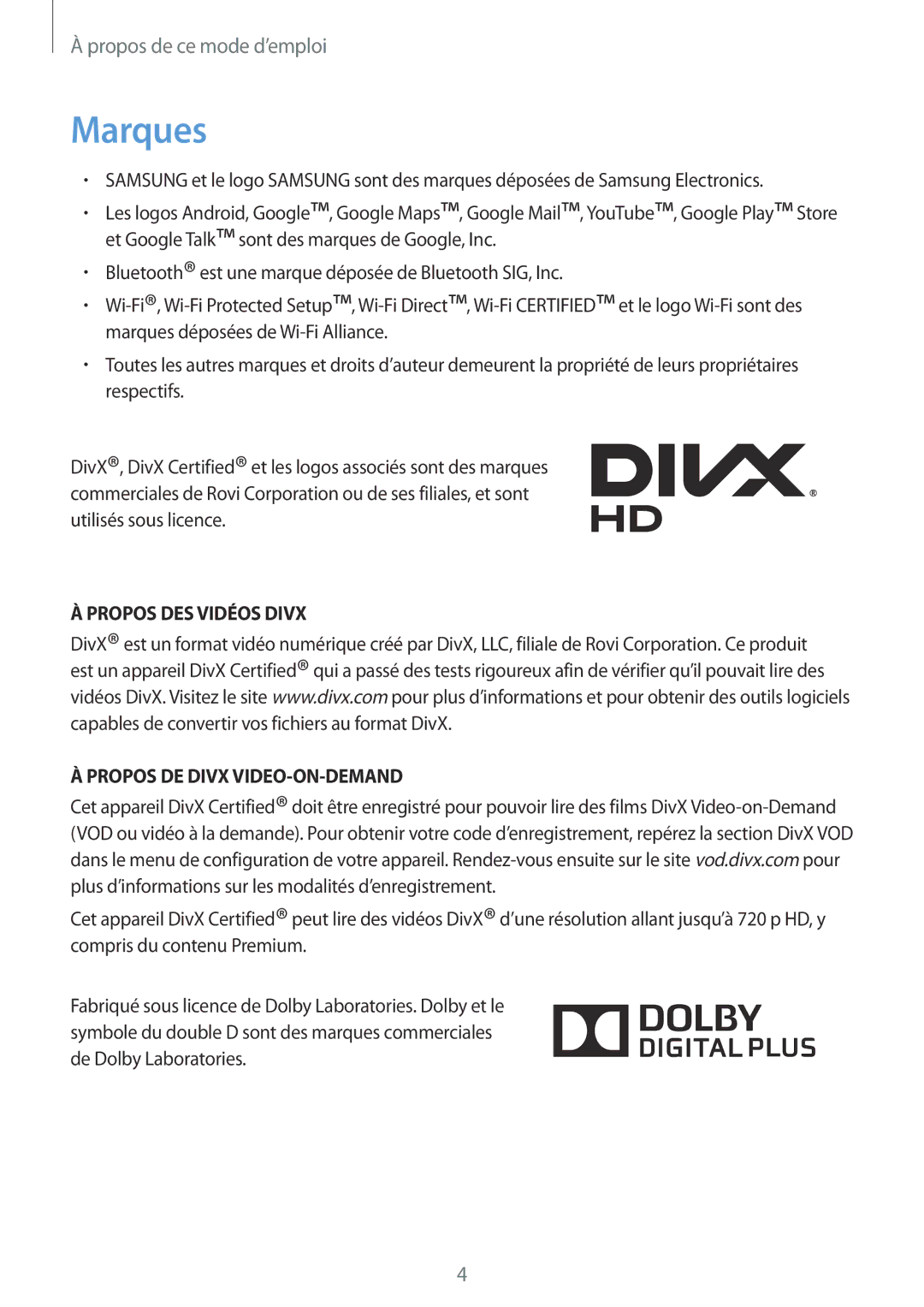 Samsung SM-T2100ZWAFTM, SM-T2100ZWAXEF, SM-T2100GRAXEF manual Marques, Propos DES Vidéos Divx Propos DE Divx VIDEO-ON-DEMAND 