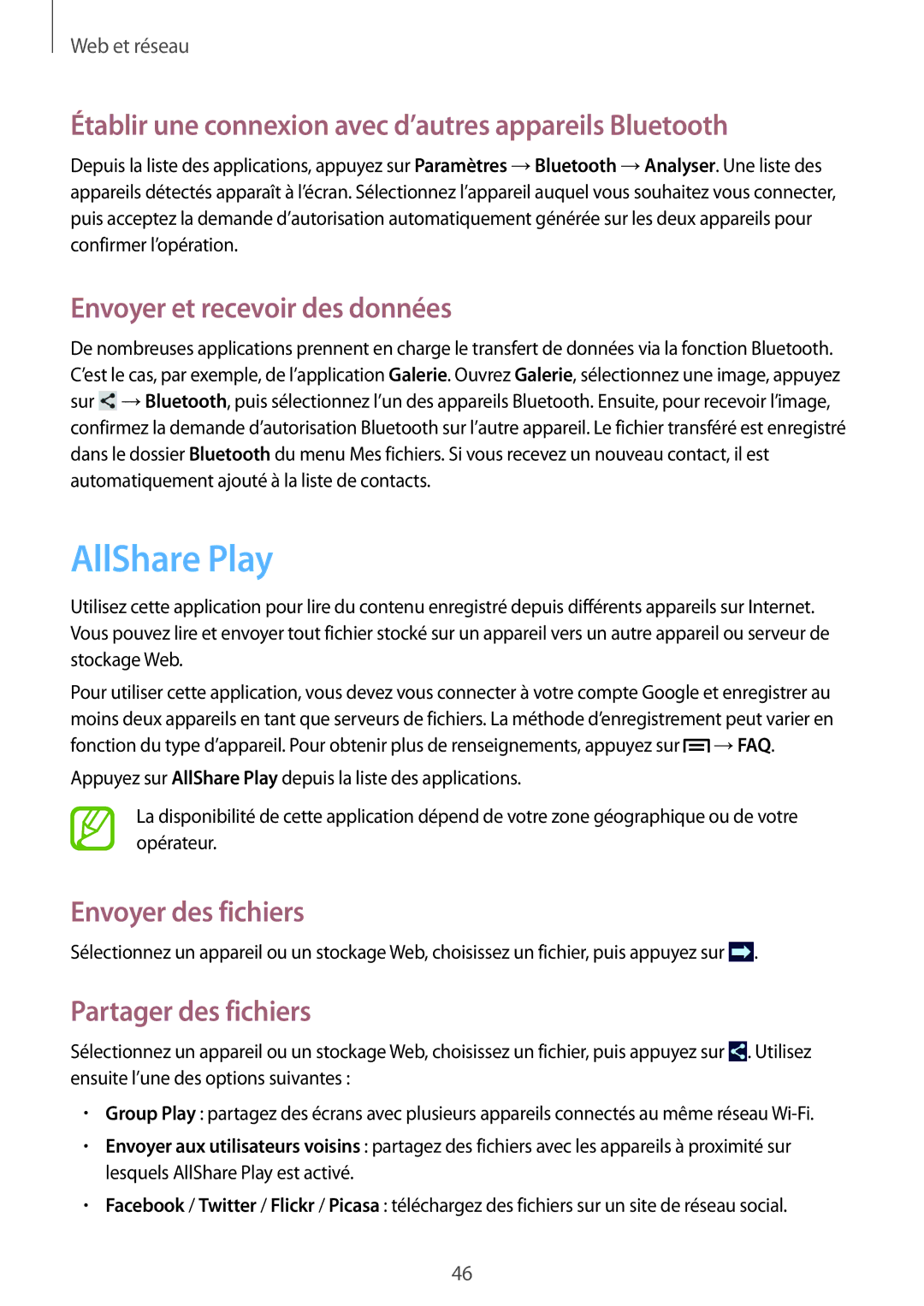 Samsung SM-T2100GRAXEF manual AllShare Play, Établir une connexion avec d’autres appareils Bluetooth, Envoyer des fichiers 