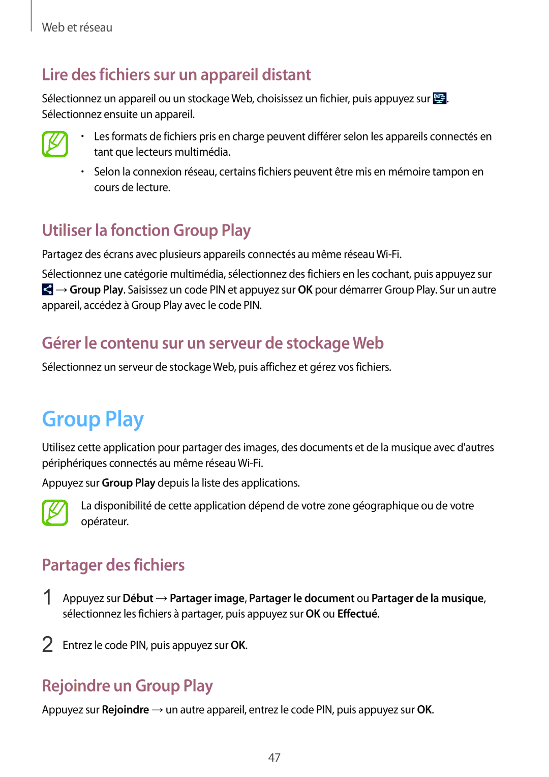 Samsung SM-T2100ZWZXEF, SM-T2100ZWAXEF manual Lire des fichiers sur un appareil distant, Utiliser la fonction Group Play 