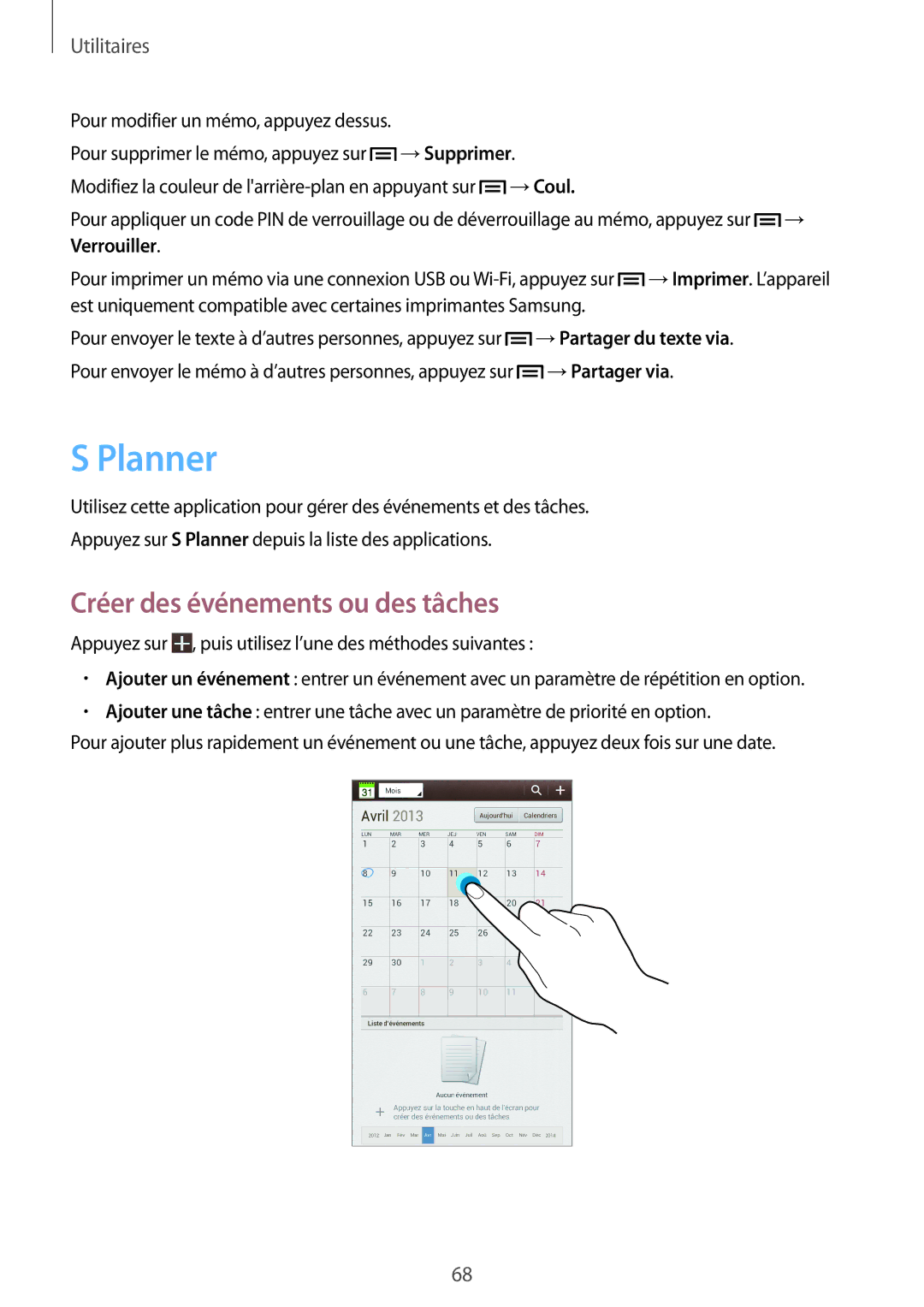 Samsung SM-T2100MKAXEF, SM-T2100ZWAXEF, SM-T2100GRAXEF, SM-T2100ZWZXEF manual Planner, Créer des événements ou des tâches 