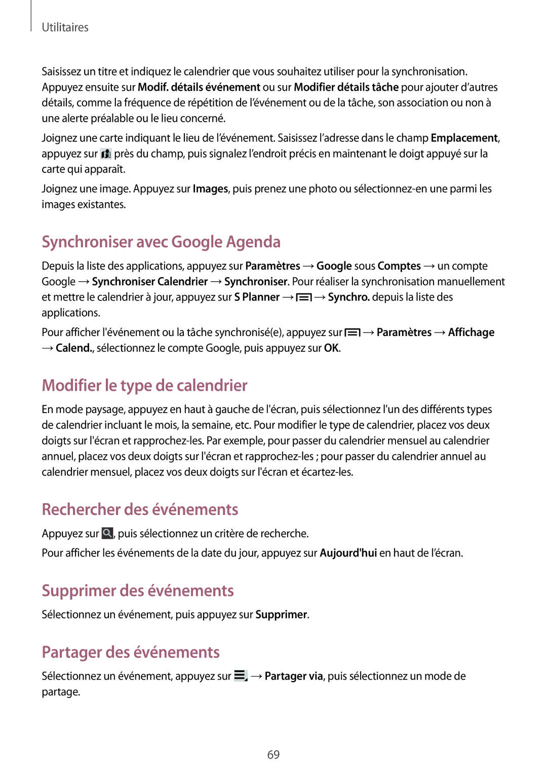 Samsung SM-T2100ZWAFTM manual Synchroniser avec Google Agenda, Modifier le type de calendrier, Rechercher des événements 