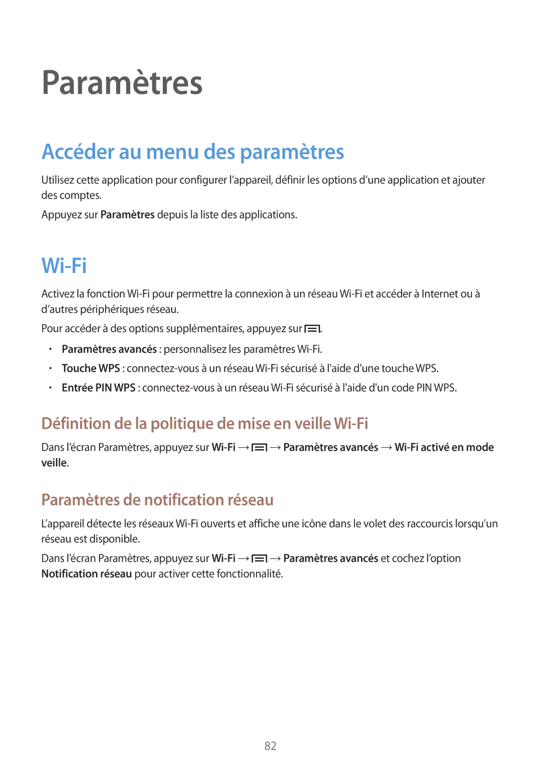 Samsung SM-T2100ZWZXEF, SM-T2100ZWAXEF manual Accéder au menu des paramètres, Wi-Fi, Paramètres de notification réseau 