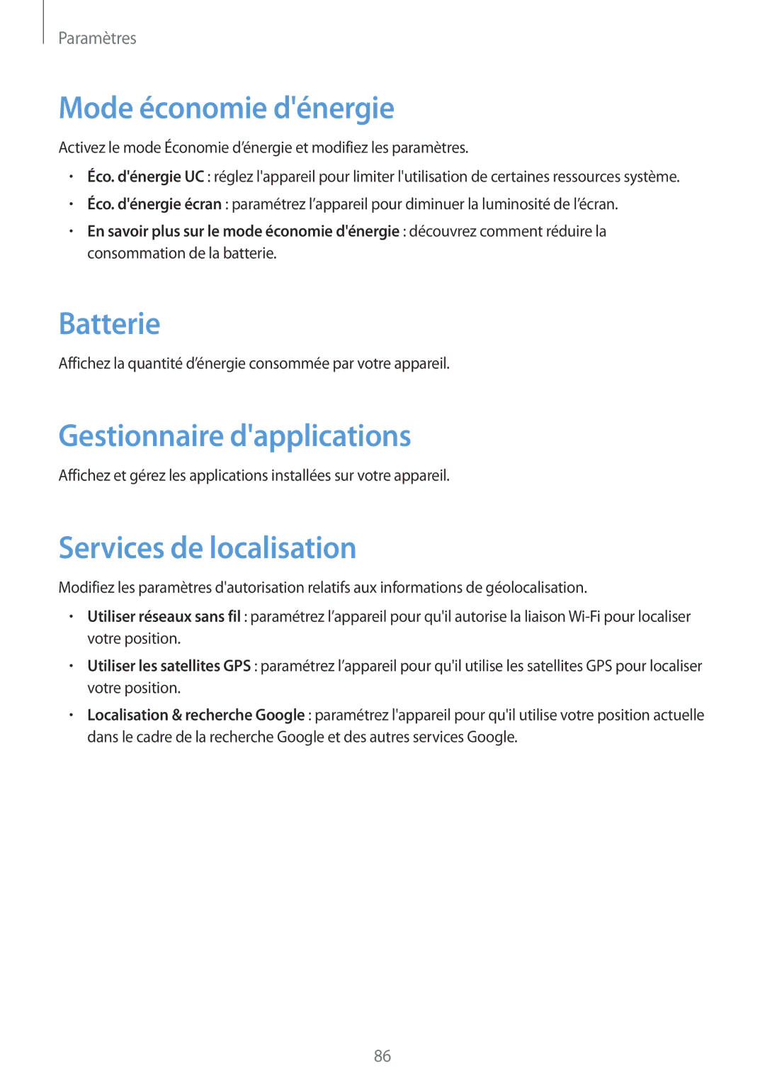 Samsung SM-T2100GRAXEF manual Mode économie dénergie, Batterie, Gestionnaire dapplications, Services de localisation 
