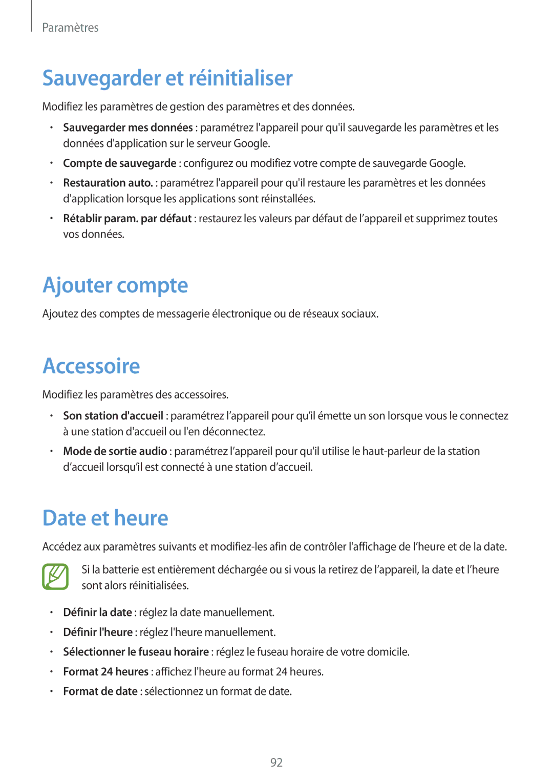 Samsung SM-T2100ZWZXEF, SM-T2100ZWAXEF manual Sauvegarder et réinitialiser, Ajouter compte, Accessoire, Date et heure 