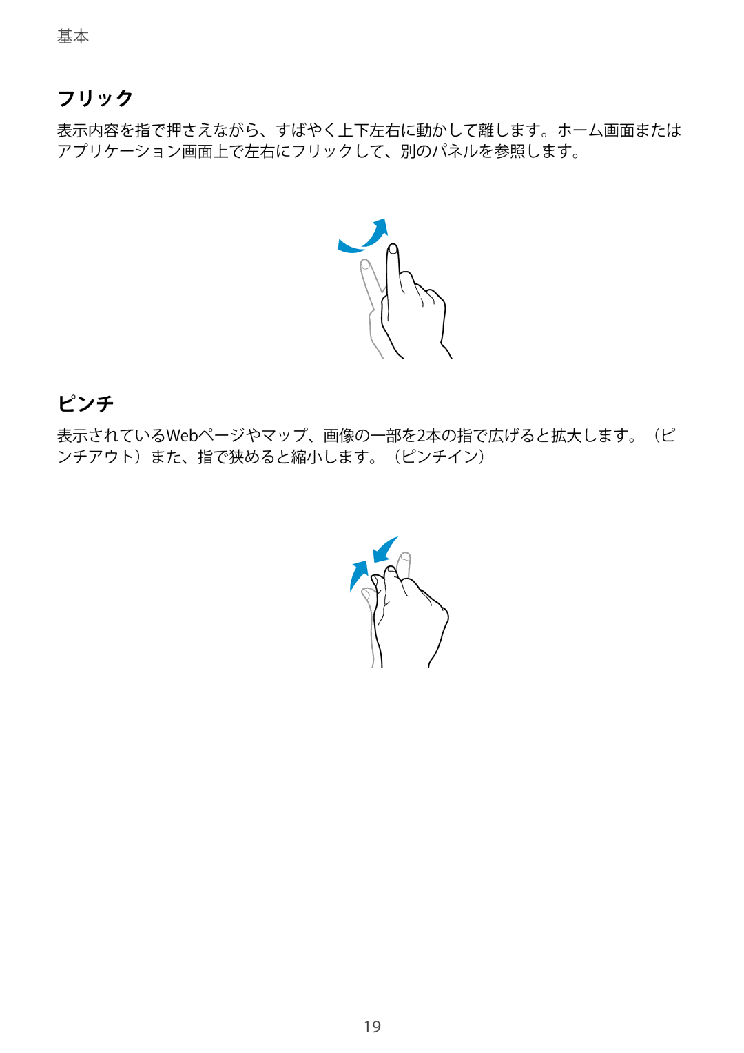 Samsung SM-T2100ZWEXJP manual フリック, ピンチ 