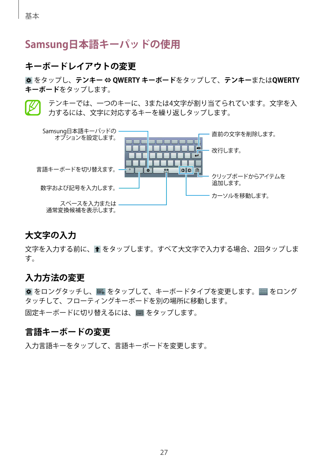 Samsung SM-T2100ZWEXJP manual Samsung日本語キーパッドの使用, キーボードレイアウトの変更, 大文字の入力, 入力方法の変更, 言語キーボードの変更 