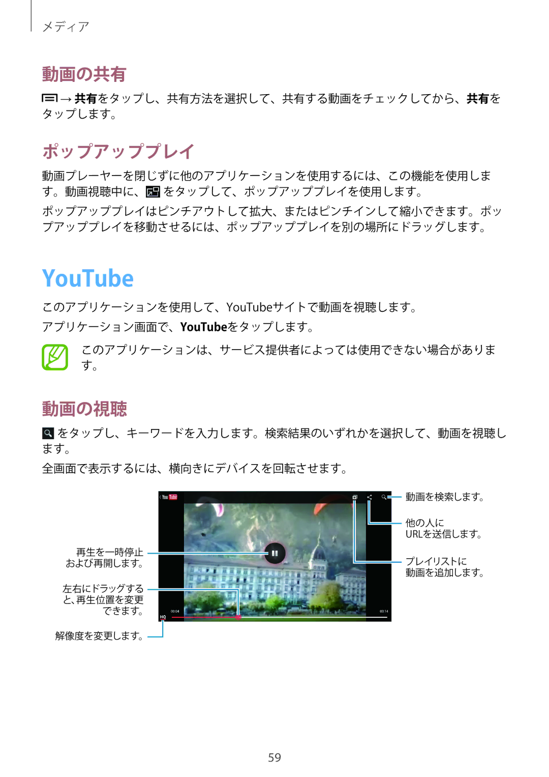 Samsung SM-T2100ZWEXJP manual YouTube, 動画の共有, ポップアッププレイ, 動画の視聴 