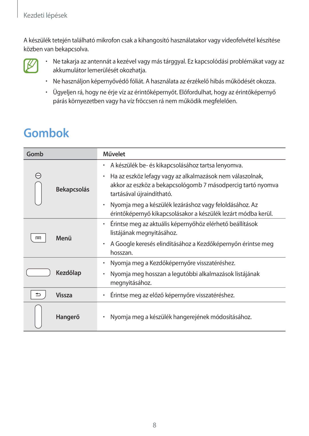 Samsung SM-T2105GYAATO, SM-T2105GYAAUT, SM-T2105GYAXEH, SM-T2105GYZXEH manual Gombok, Kezdeti lépések 