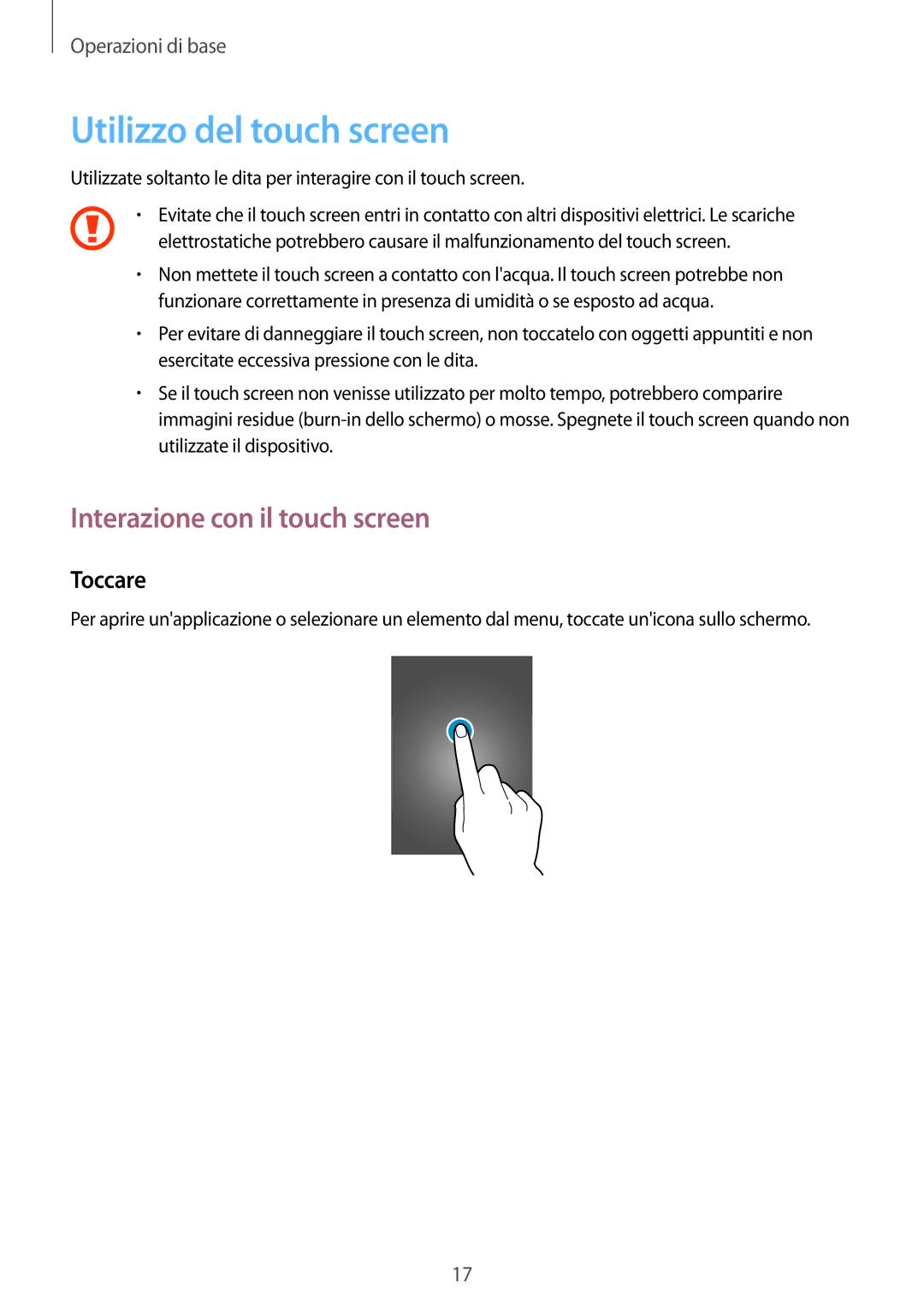 Samsung SM-T2105GYAITV manual Utilizzo del touch screen, Interazione con il touch screen, Toccare 