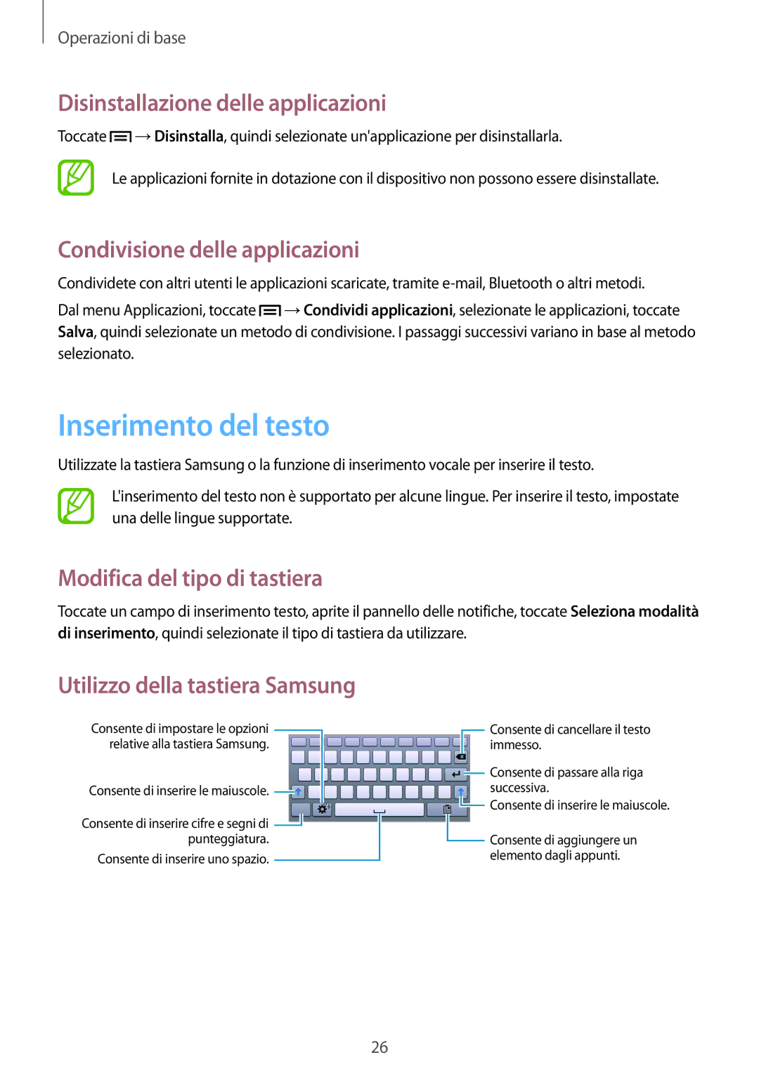 Samsung SM-T2105GYAITV manual Inserimento del testo, Disinstallazione delle applicazioni, Condivisione delle applicazioni 