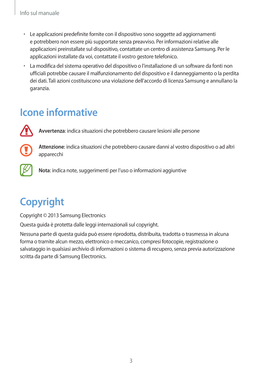 Samsung SM-T2105GYAITV manual Icone informative, Copyright 