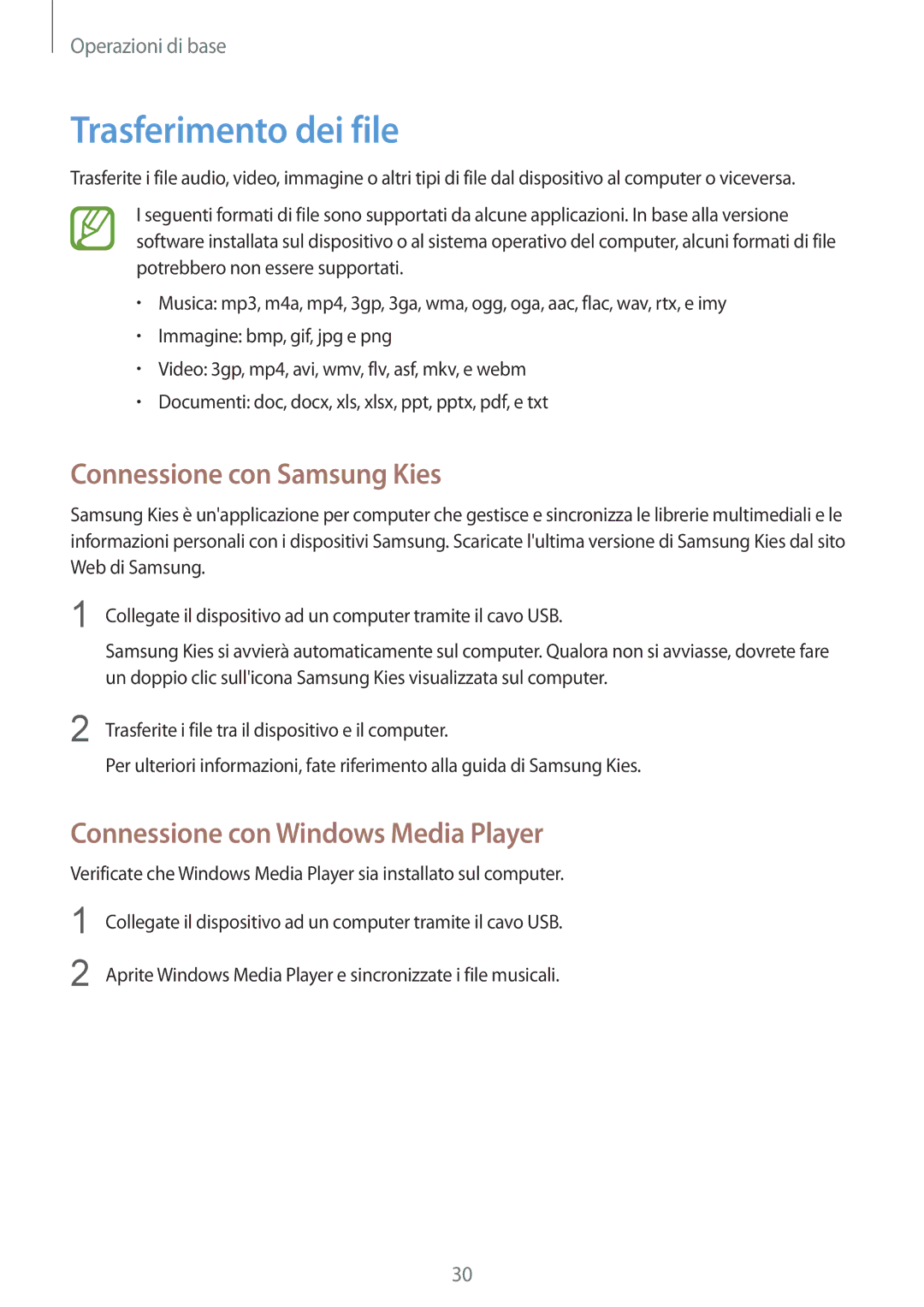 Samsung SM-T2105GYAITV manual Trasferimento dei file, Connessione con Samsung Kies, Connessione con Windows Media Player 