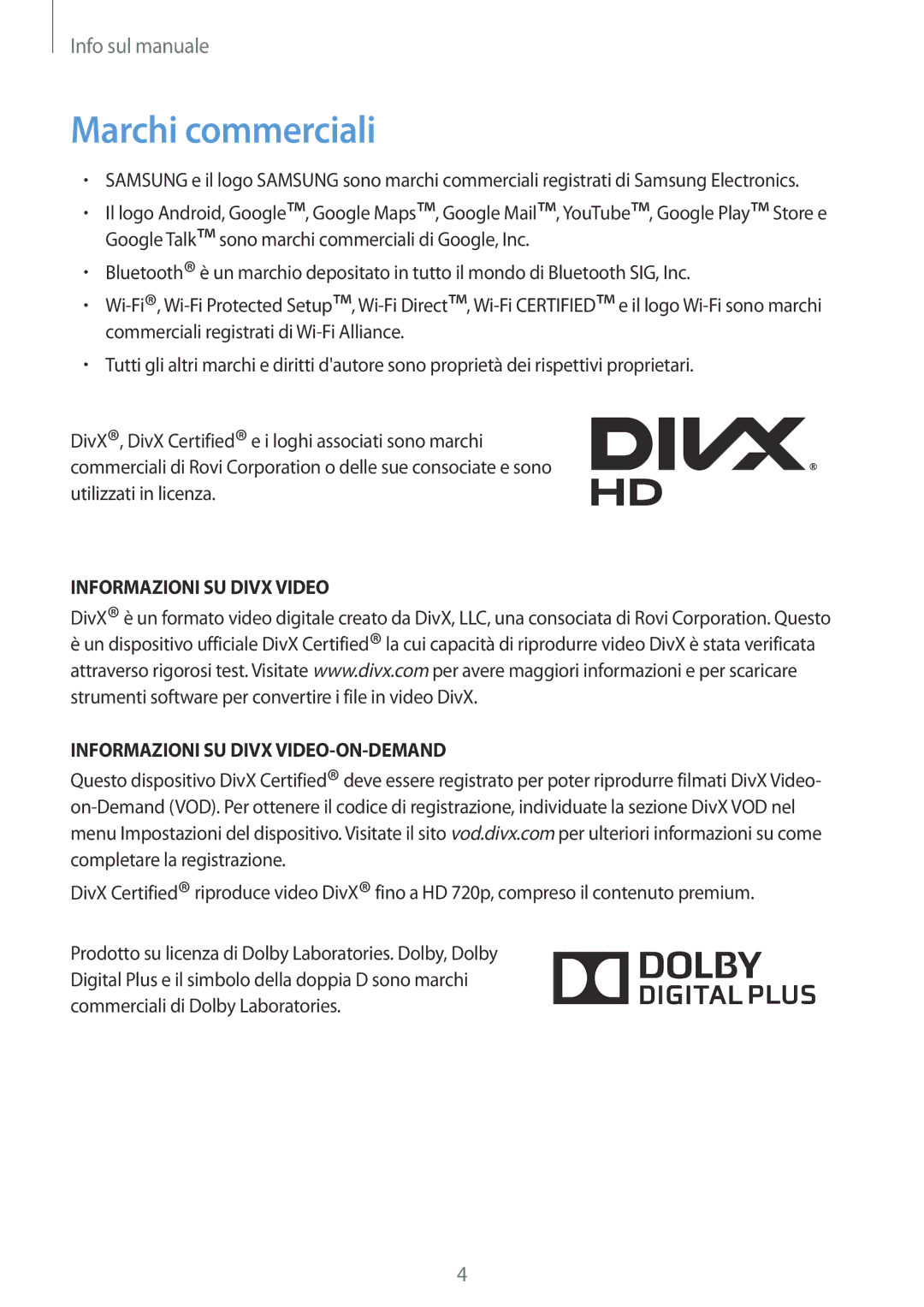 Samsung SM-T2105GYAITV manual Marchi commerciali, Informazioni SU Divx Video 