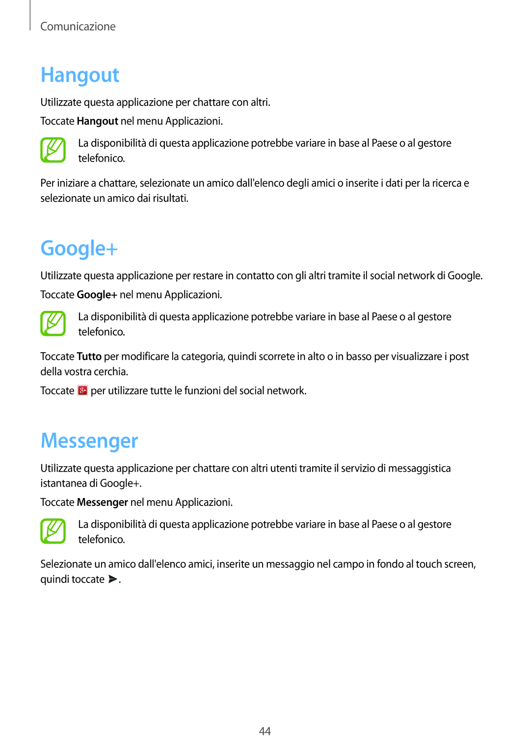 Samsung SM-T2105GYAITV manual Hangout, Google+, Messenger 