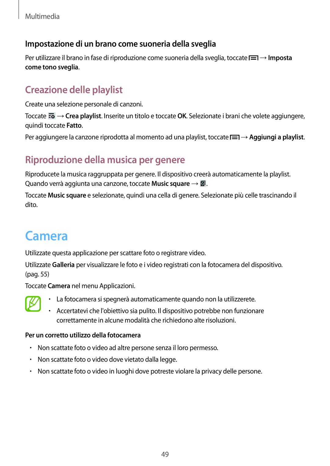 Samsung SM-T2105GYAITV manual Camera, Creazione delle playlist, Riproduzione della musica per genere 