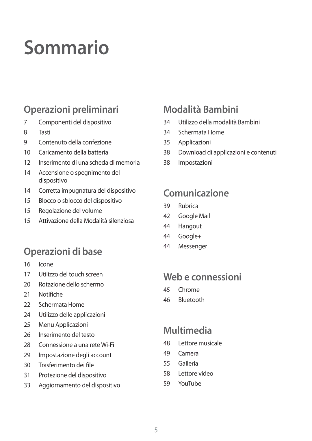 Samsung SM-T2105GYAITV manual Sommario, Operazioni preliminari 