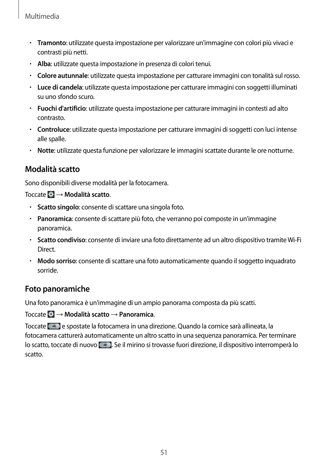 Samsung SM-T2105GYAITV manual Foto panoramiche, Toccate →Modalità scatto 