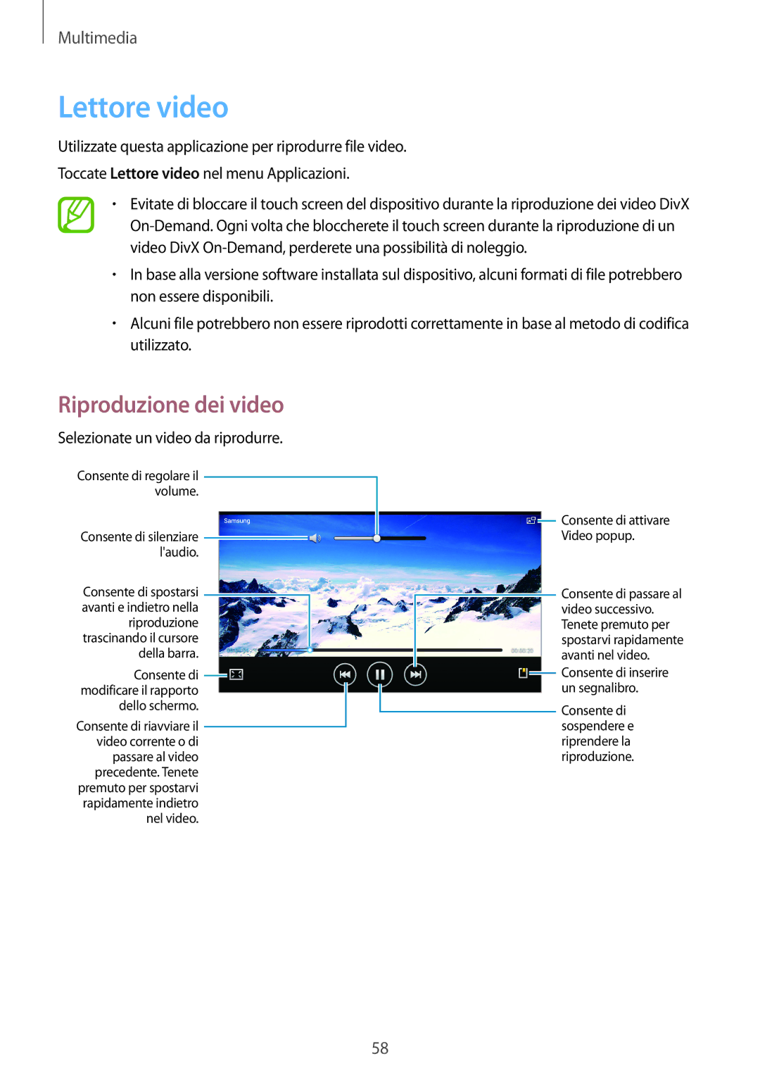 Samsung SM-T2105GYAITV manual Lettore video, Riproduzione trascinando il cursore della barra Consente di 