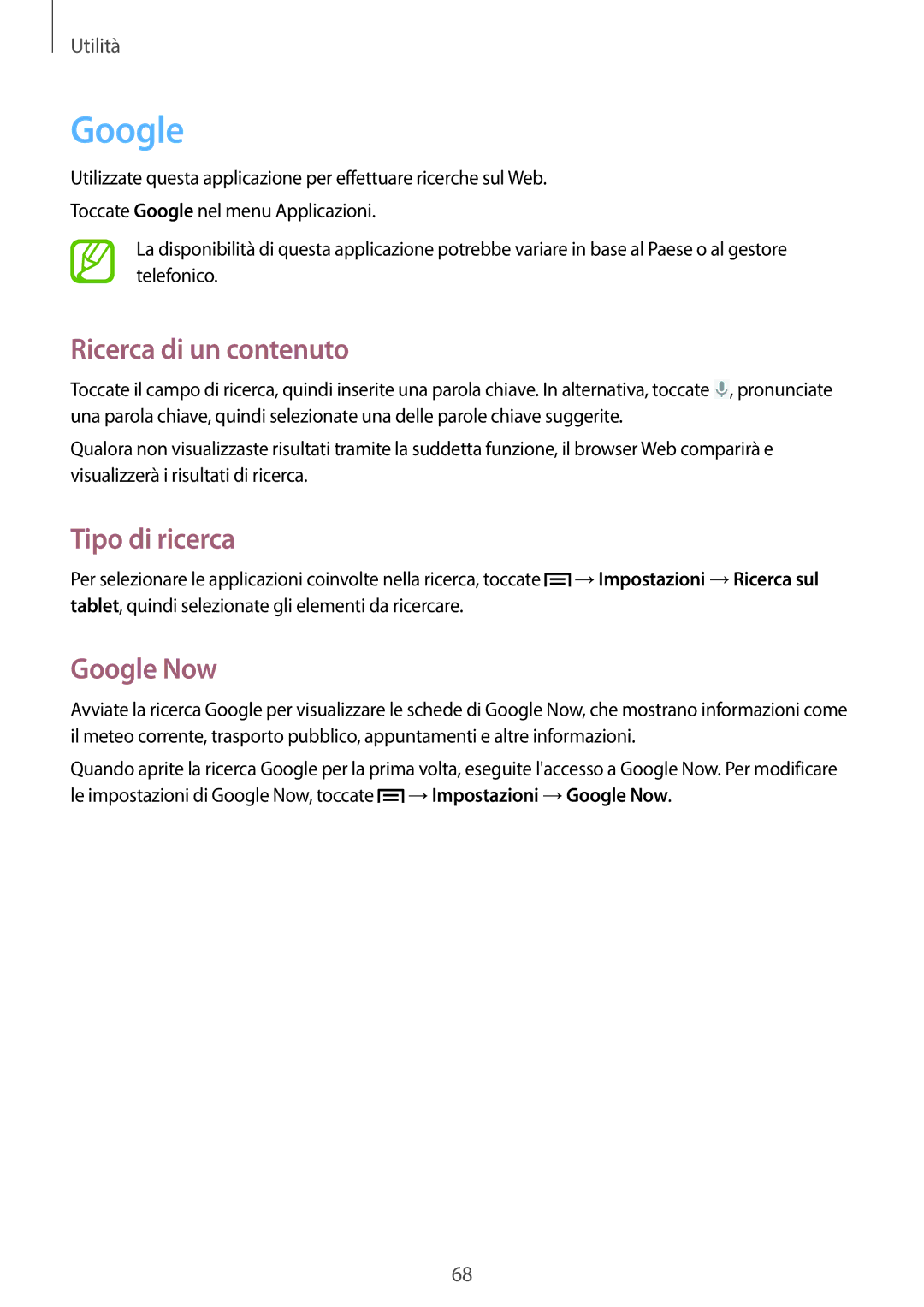 Samsung SM-T2105GYAITV manual Ricerca di un contenuto, Tipo di ricerca, Google Now 