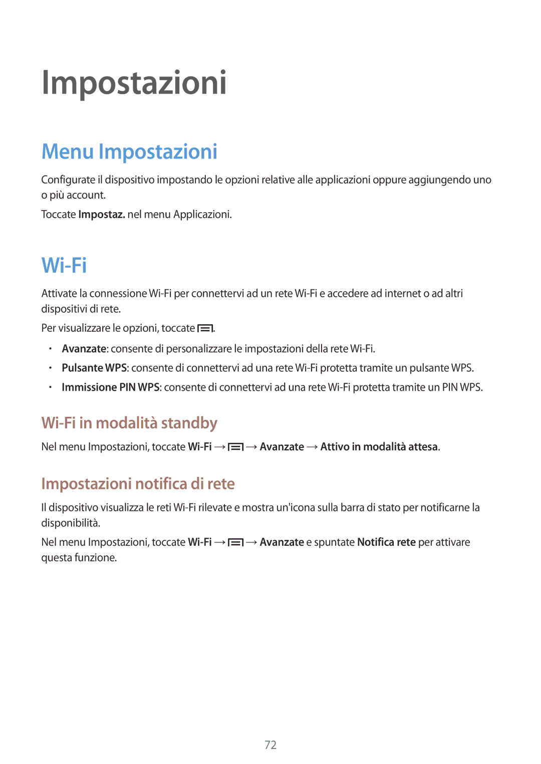 Samsung SM-T2105GYAITV manual Menu Impostazioni, Wi-Fi in modalità standby, Impostazioni notifica di rete 