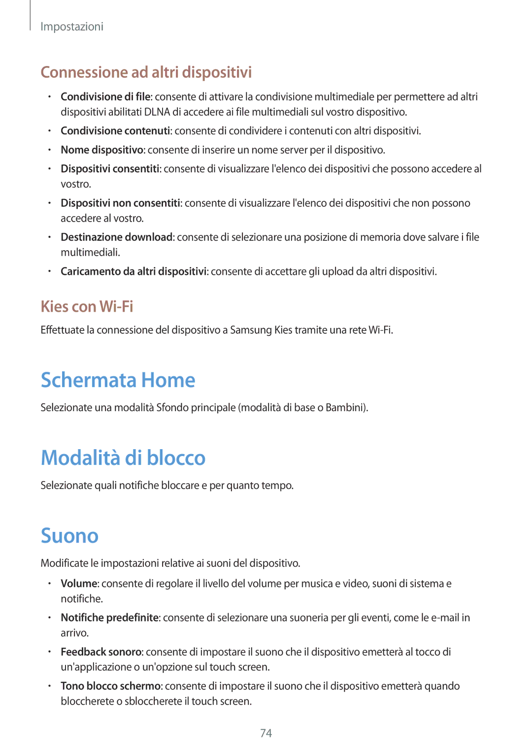 Samsung SM-T2105GYAITV manual Modalità di blocco, Suono, Connessione ad altri dispositivi, Kies con Wi-Fi 
