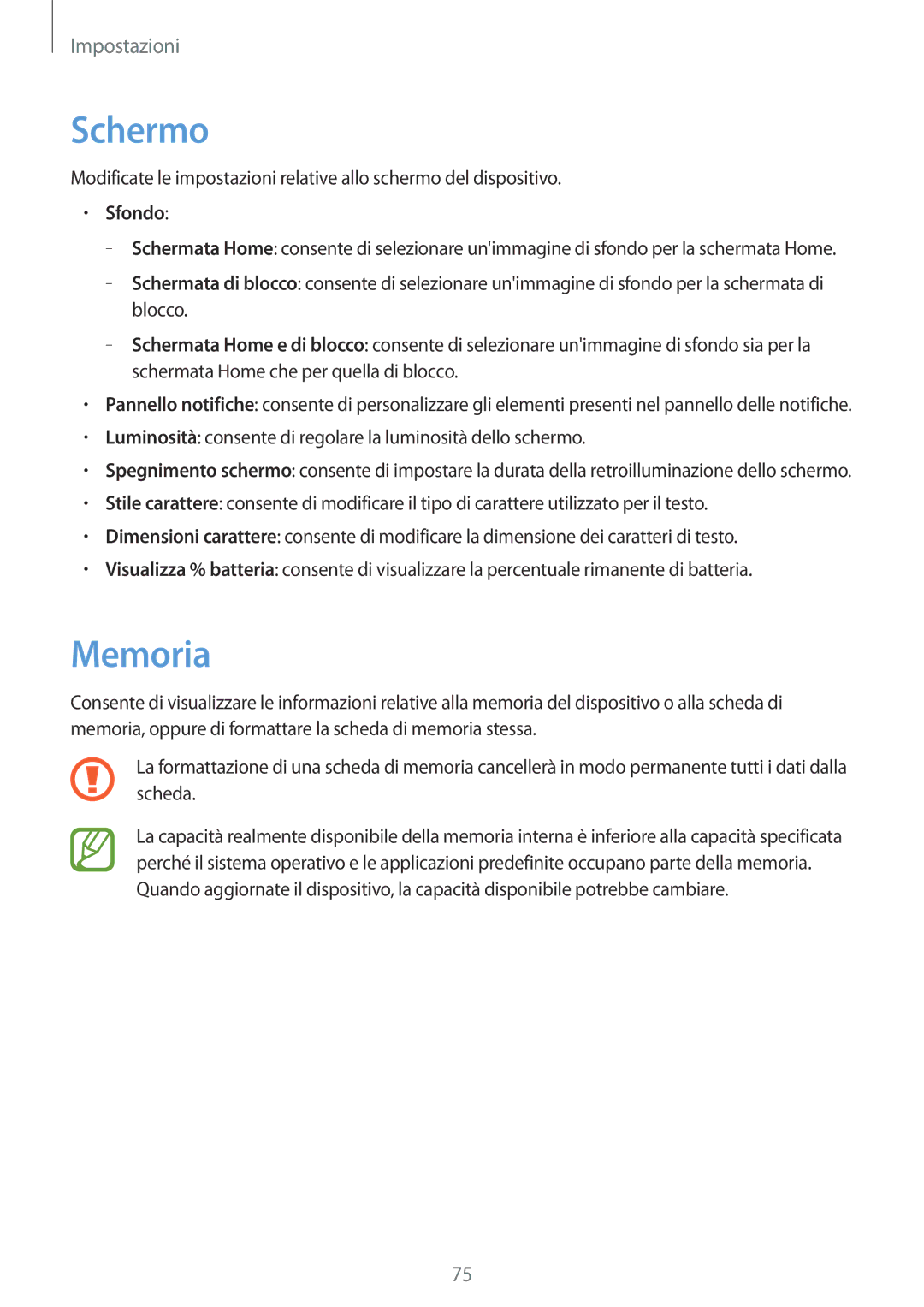 Samsung SM-T2105GYAITV manual Schermo, Memoria, Sfondo 