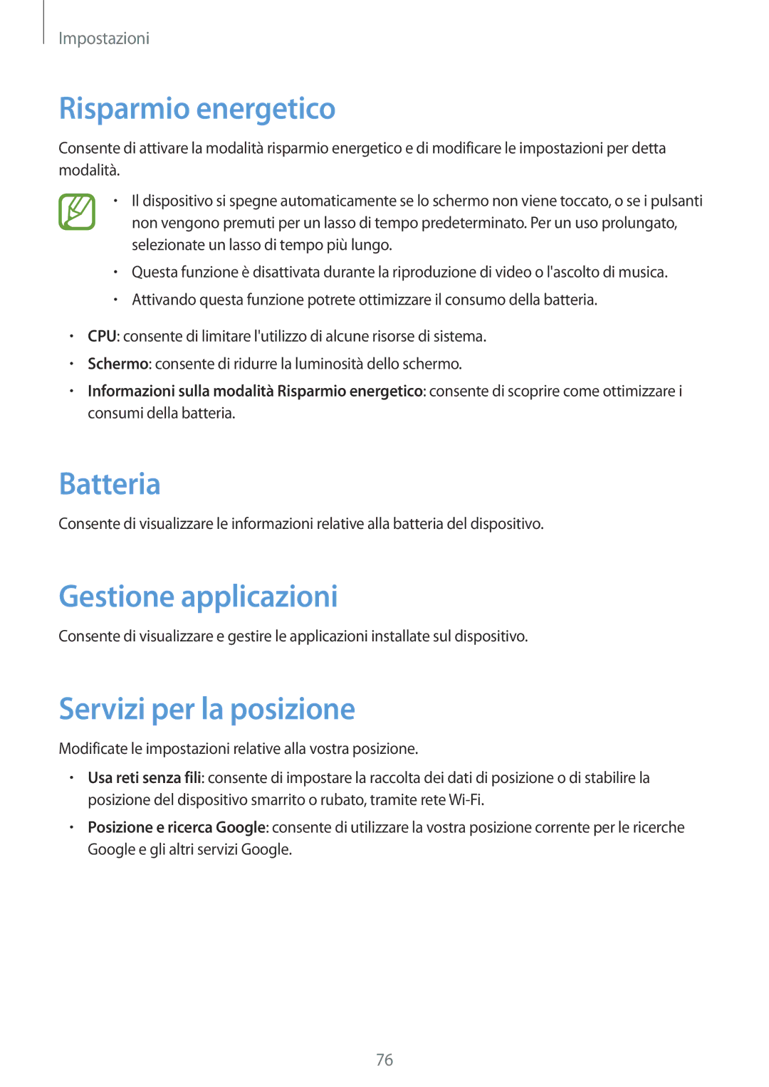 Samsung SM-T2105GYAITV manual Risparmio energetico, Batteria, Gestione applicazioni, Servizi per la posizione 