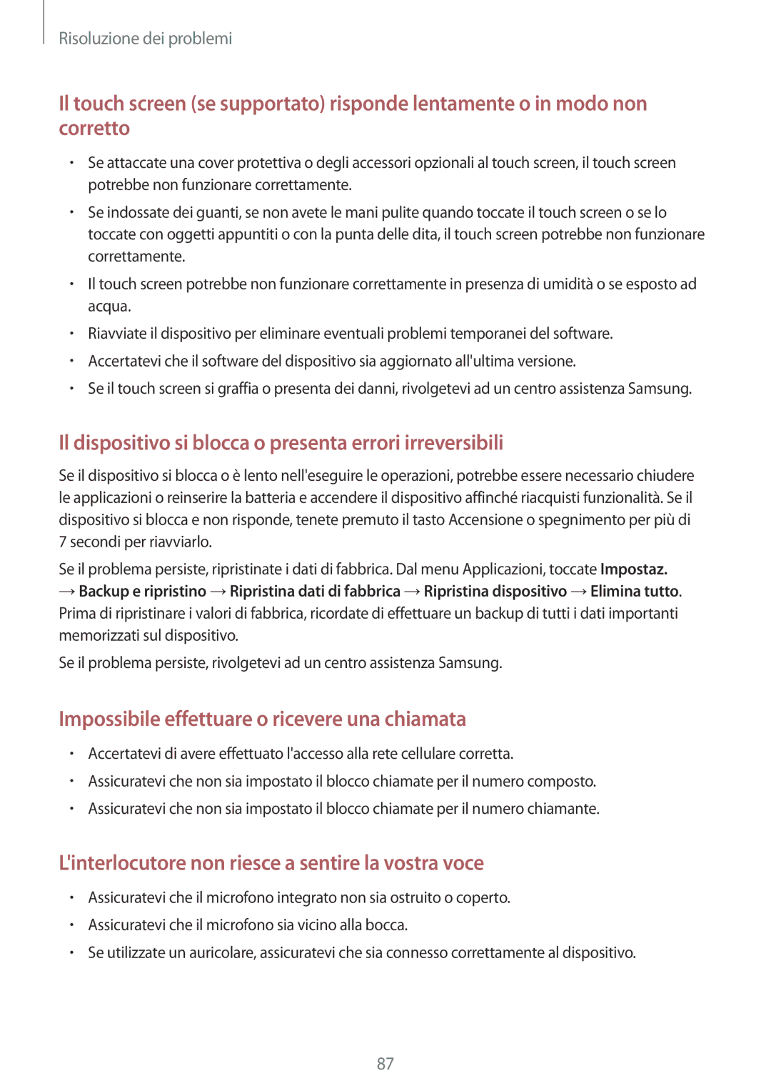 Samsung SM-T2105GYAITV manual Il dispositivo si blocca o presenta errori irreversibili 