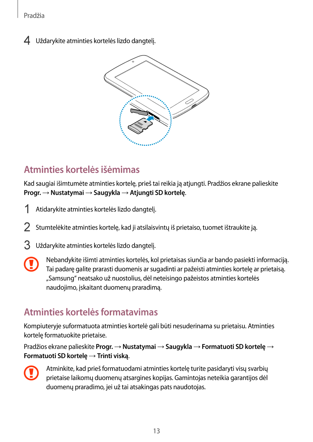 Samsung SM-T2105GYASEB manual Atminties kortelės išėmimas, Atminties kortelės formatavimas 