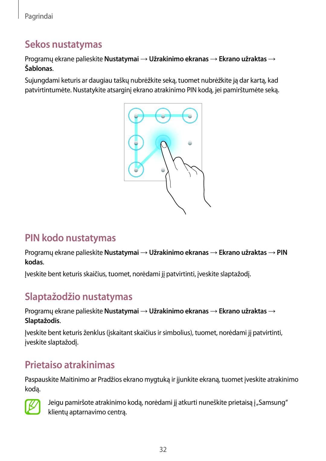 Samsung SM-T2105GYASEB manual Sekos nustatymas, PIN kodo nustatymas, Slaptažodžio nustatymas, Prietaiso atrakinimas 