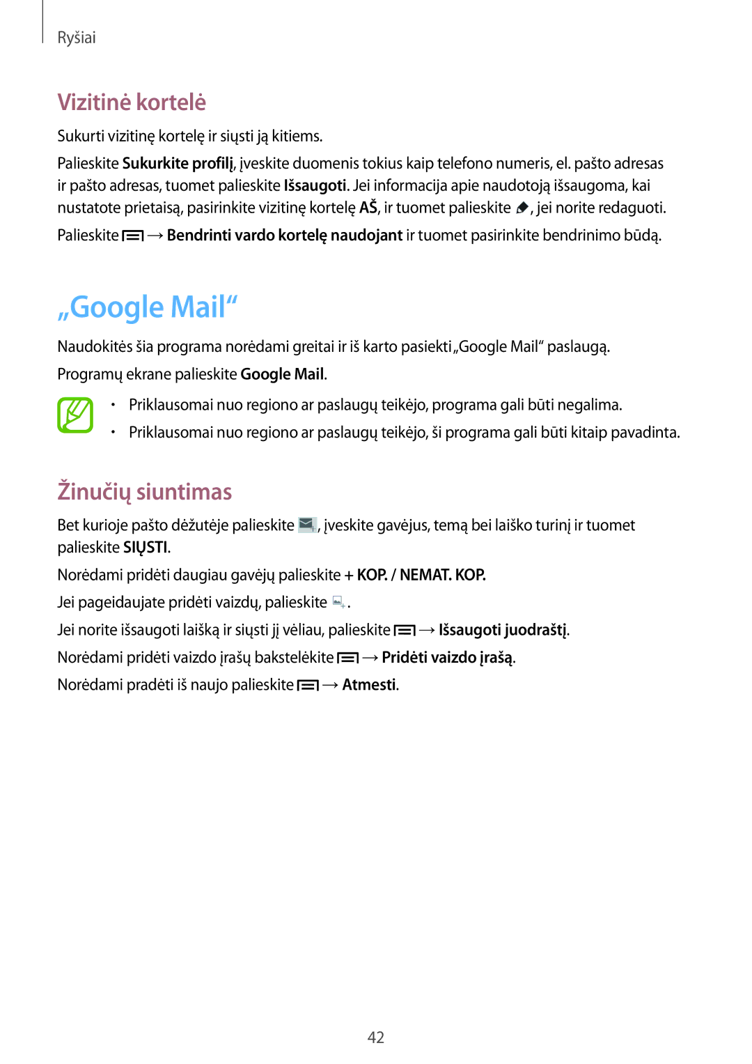 Samsung SM-T2105GYASEB manual „Google Mail, Vizitinė kortelė, Žinučių siuntimas 