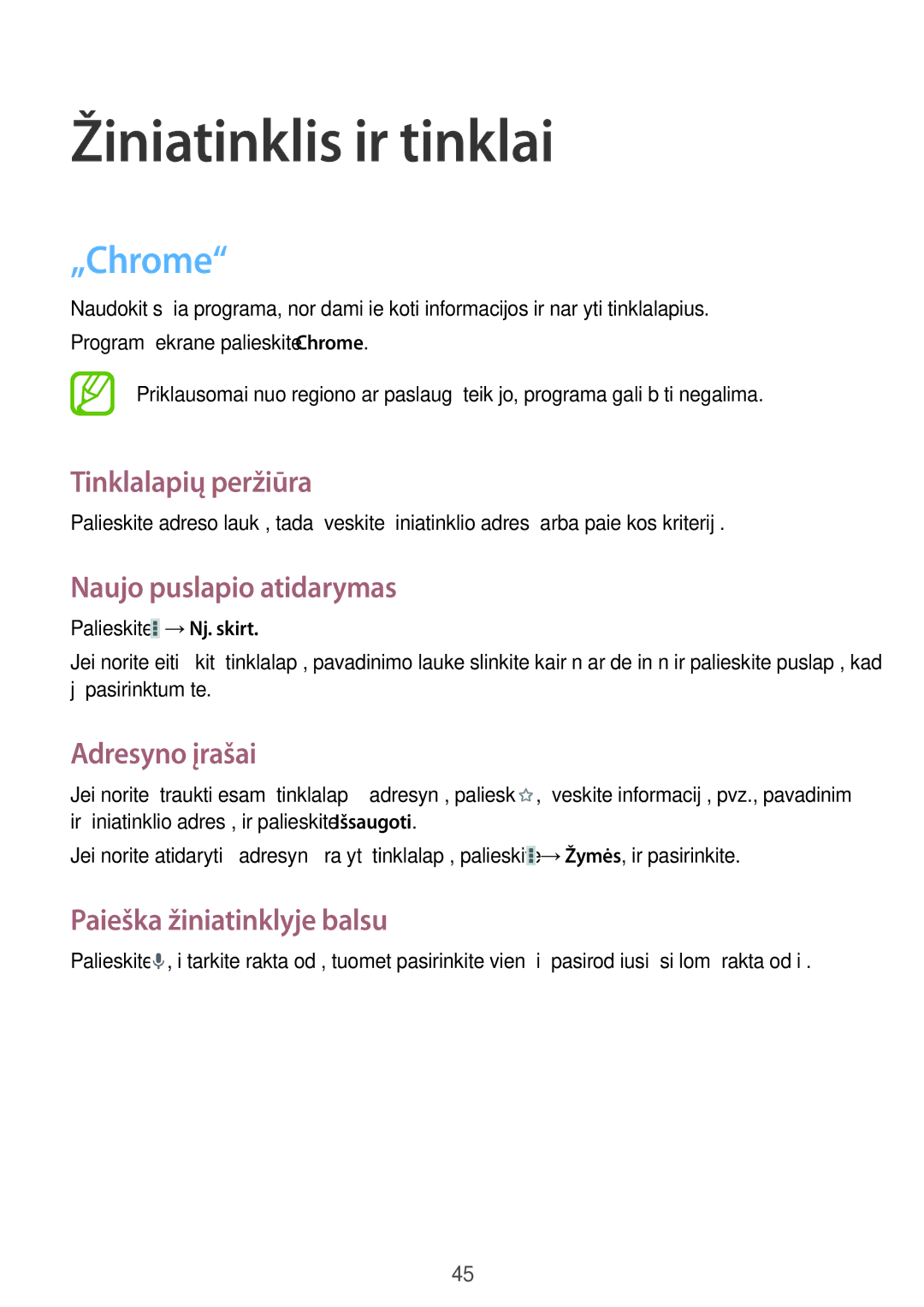 Samsung SM-T2105GYASEB manual Žiniatinklis ir tinklai, „Chrome 