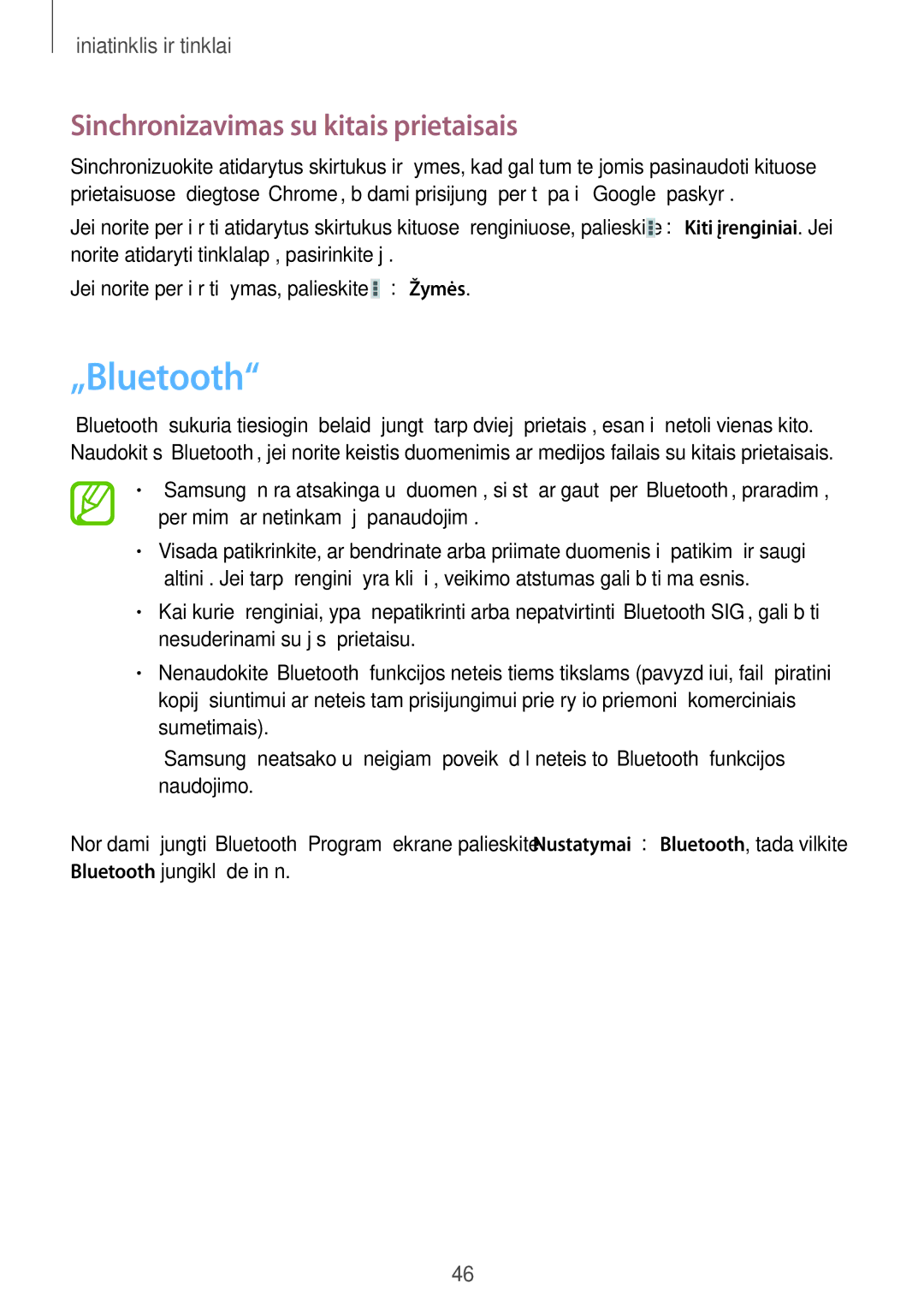 Samsung SM-T2105GYASEB manual „Bluetooth, Sinchronizavimas su kitais prietaisais 