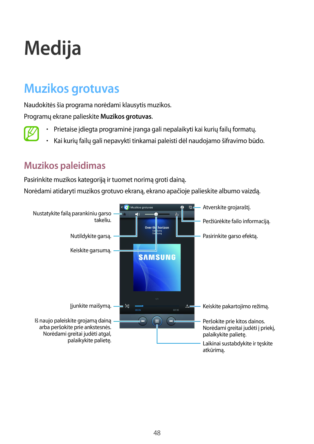 Samsung SM-T2105GYASEB manual Medija, Muzikos grotuvas, Muzikos paleidimas 