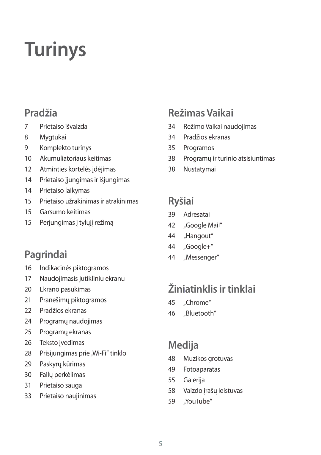 Samsung SM-T2105GYASEB manual Turinys, Pradžia 