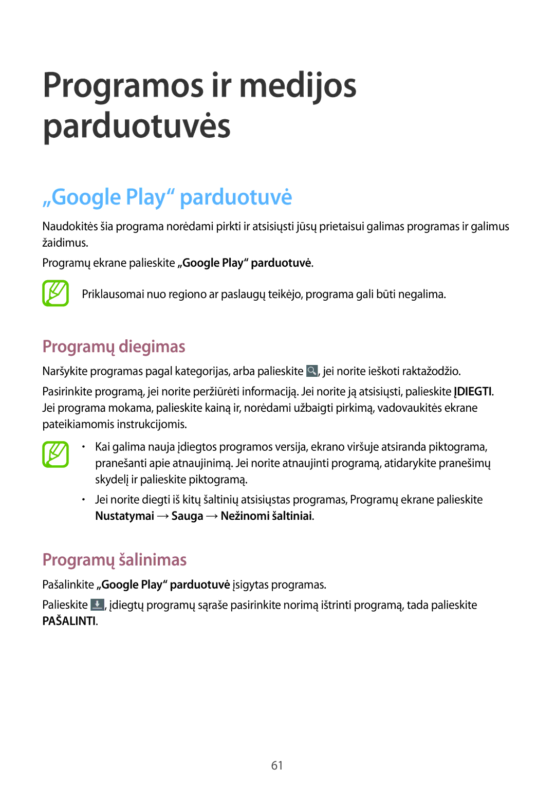 Samsung SM-T2105GYASEB manual „Google Play parduotuvė, Nustatymai →Sauga →Nežinomi šaltiniai 