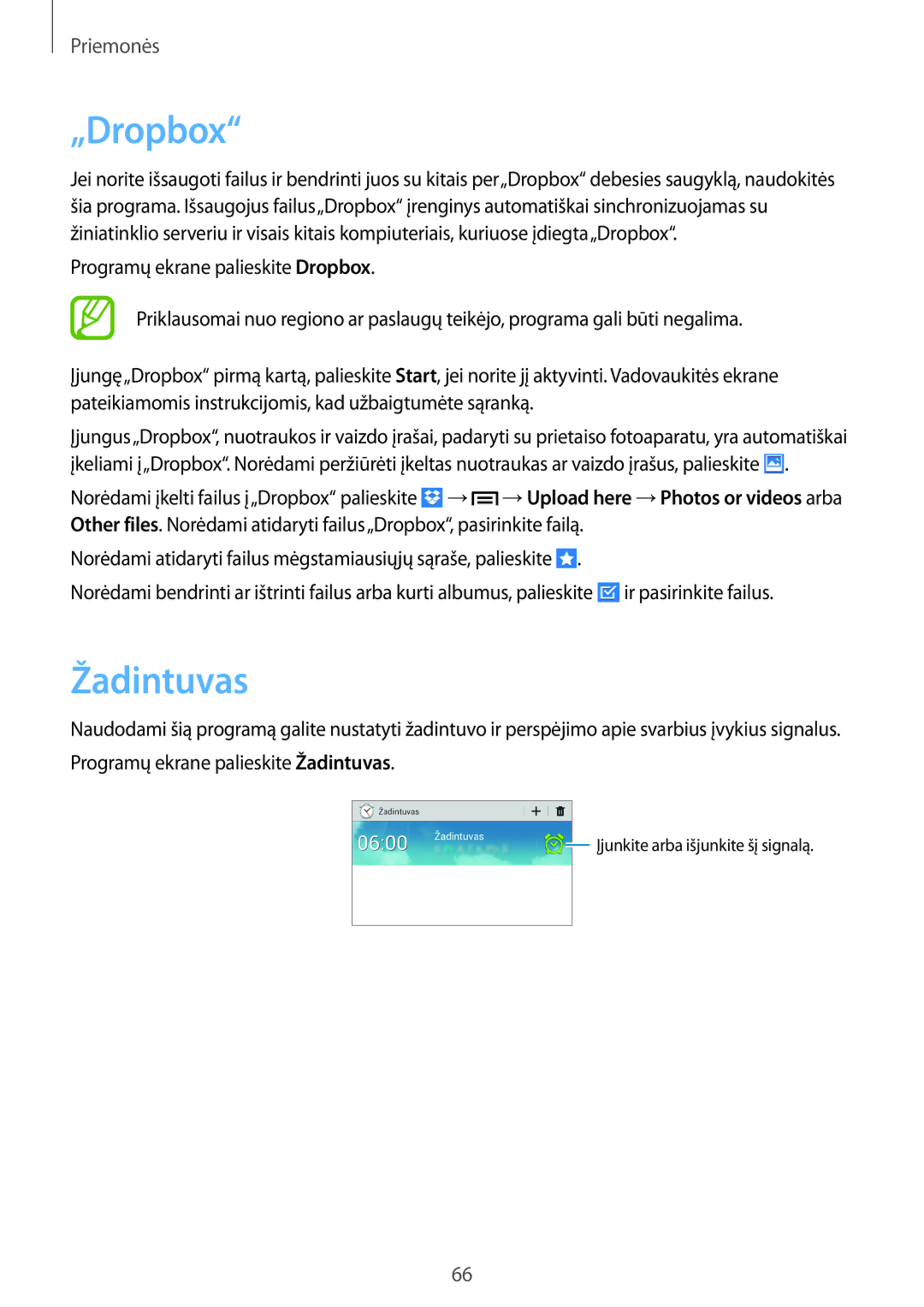 Samsung SM-T2105GYASEB manual „Dropbox, Žadintuvas 