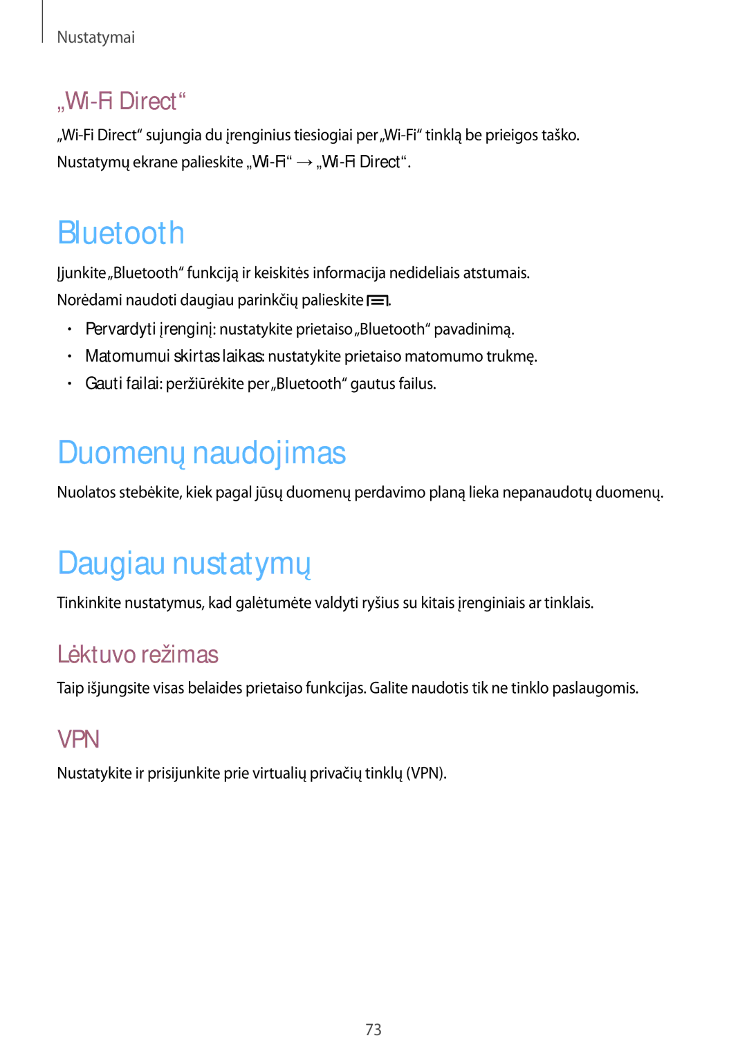 Samsung SM-T2105GYASEB manual Bluetooth, Duomenų naudojimas, Daugiau nustatymų, „Wi-Fi Direct, Lėktuvo režimas 