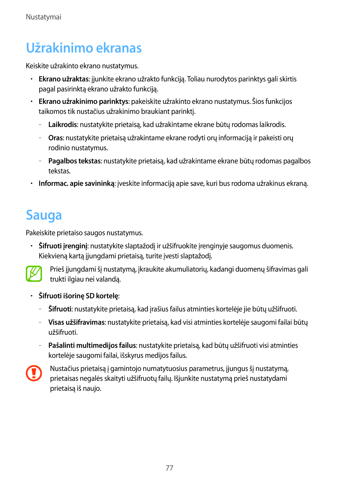 Samsung SM-T2105GYASEB manual Užrakinimo ekranas, Sauga, Šifruoti išorinę SD kortelę 