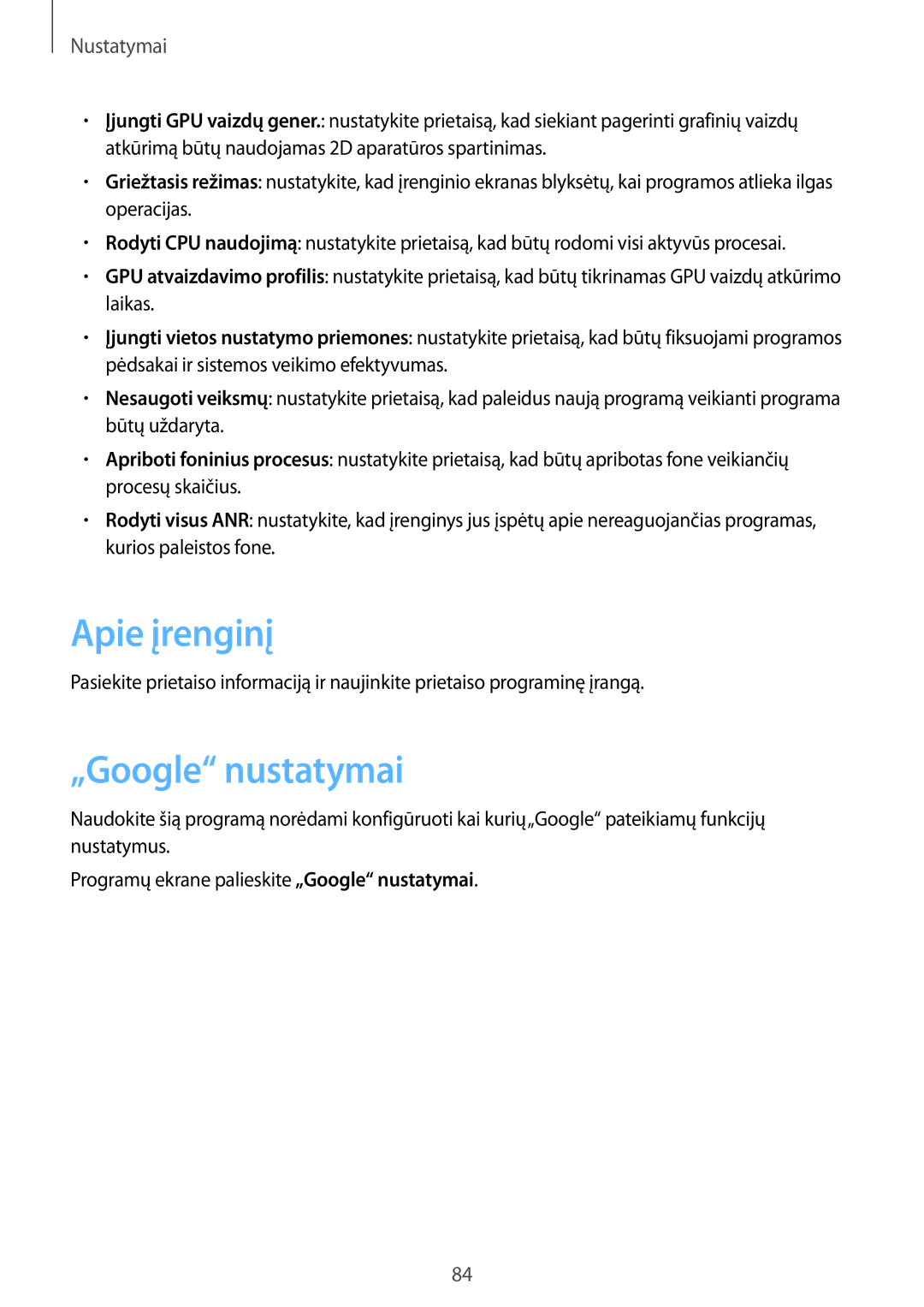 Samsung SM-T2105GYASEB manual Apie įrenginį, „Google nustatymai 