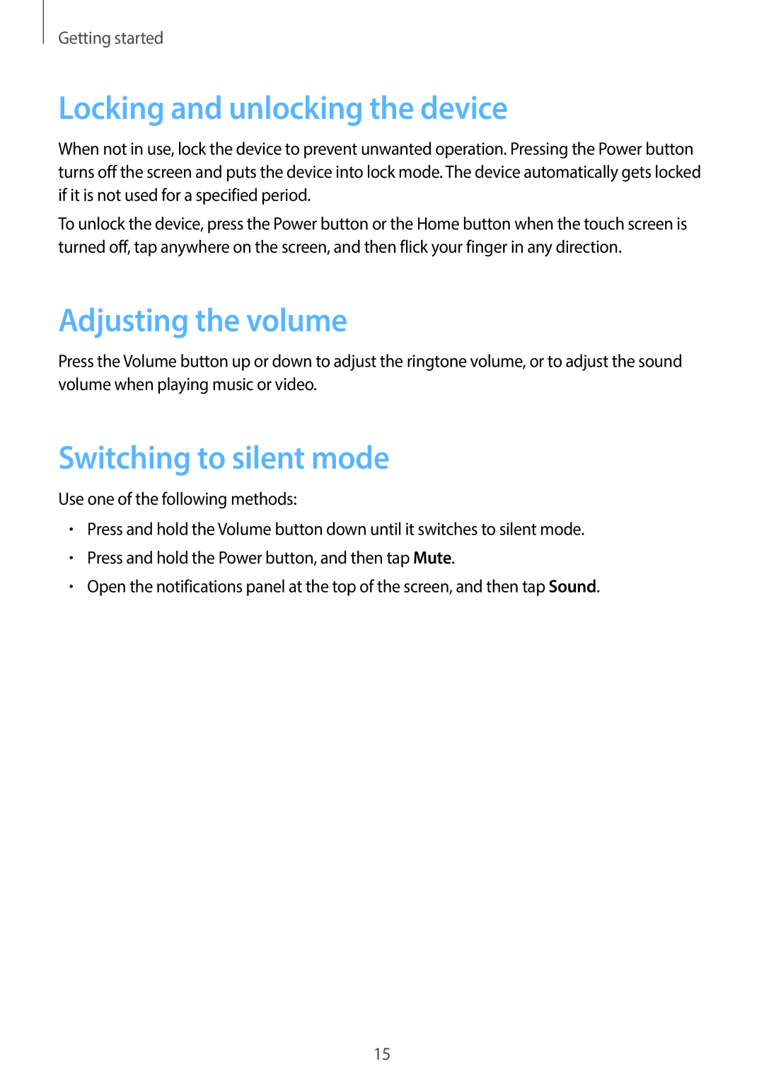 Samsung SM-T2105GYATUR, SM-T2105GYZTUR Locking and unlocking the device, Adjusting the volume, Switching to silent mode 