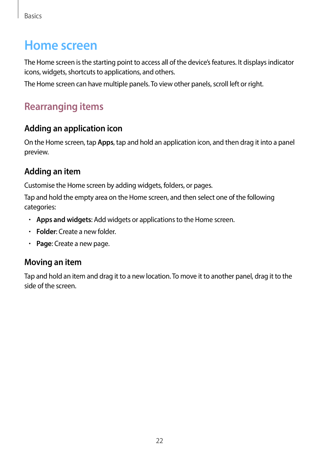 Samsung SM-T2105GYAPHE manual Home screen, Rearranging items, Adding an application icon, Adding an item, Moving an item 