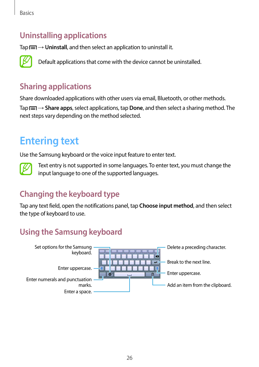 Samsung SM-T2105GYASEB manual Entering text, Uninstalling applications, Sharing applications, Changing the keyboard type 