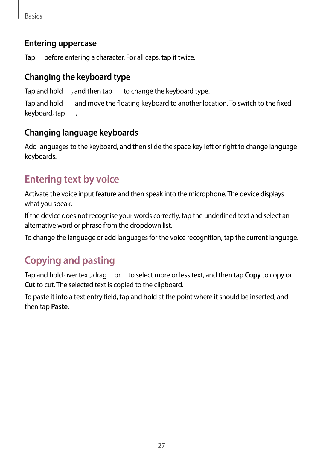 Samsung SM-T2105GYZEUR manual Entering text by voice, Copying and pasting, Entering uppercase, Changing the keyboard type 