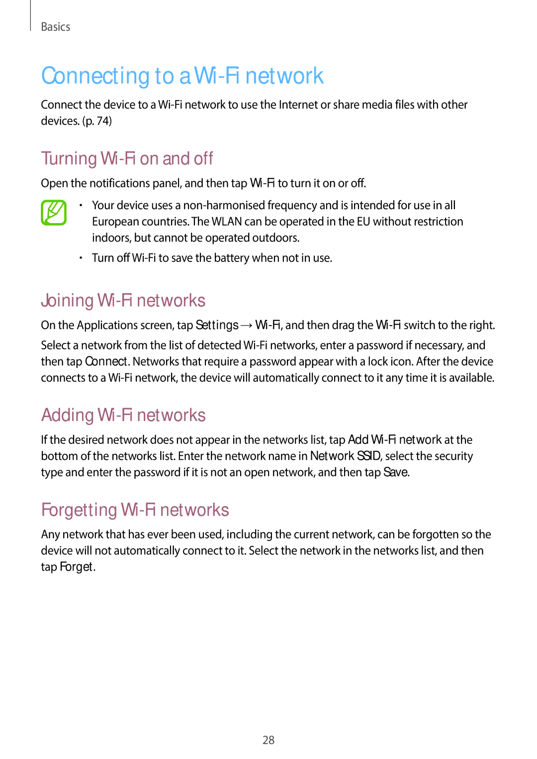 Samsung SM-T2105GYAEUR, SM-T2105GYATUR Connecting to a Wi-Fi network, Turning Wi-Fi on and off, Joining Wi-Fi networks 