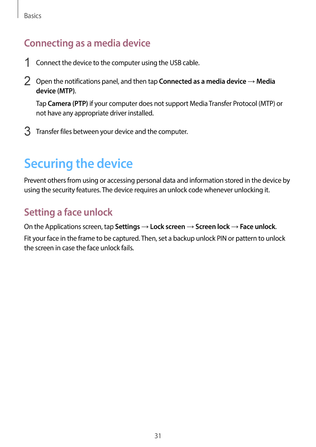 Samsung SM-T2105GYZTUR manual Securing the device, Connecting as a media device, Setting a face unlock, Device MTP 