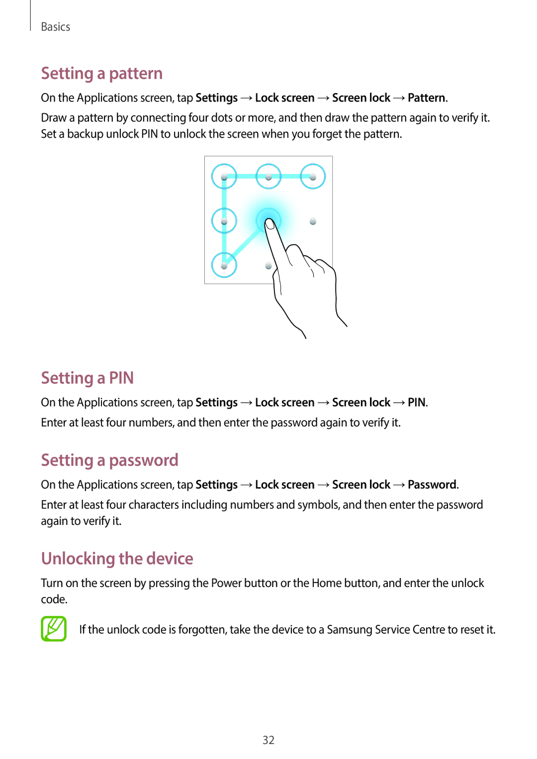 Samsung SM-T2105GYATPH, SM-T2105GYATUR manual Setting a pattern, Setting a PIN, Setting a password, Unlocking the device 