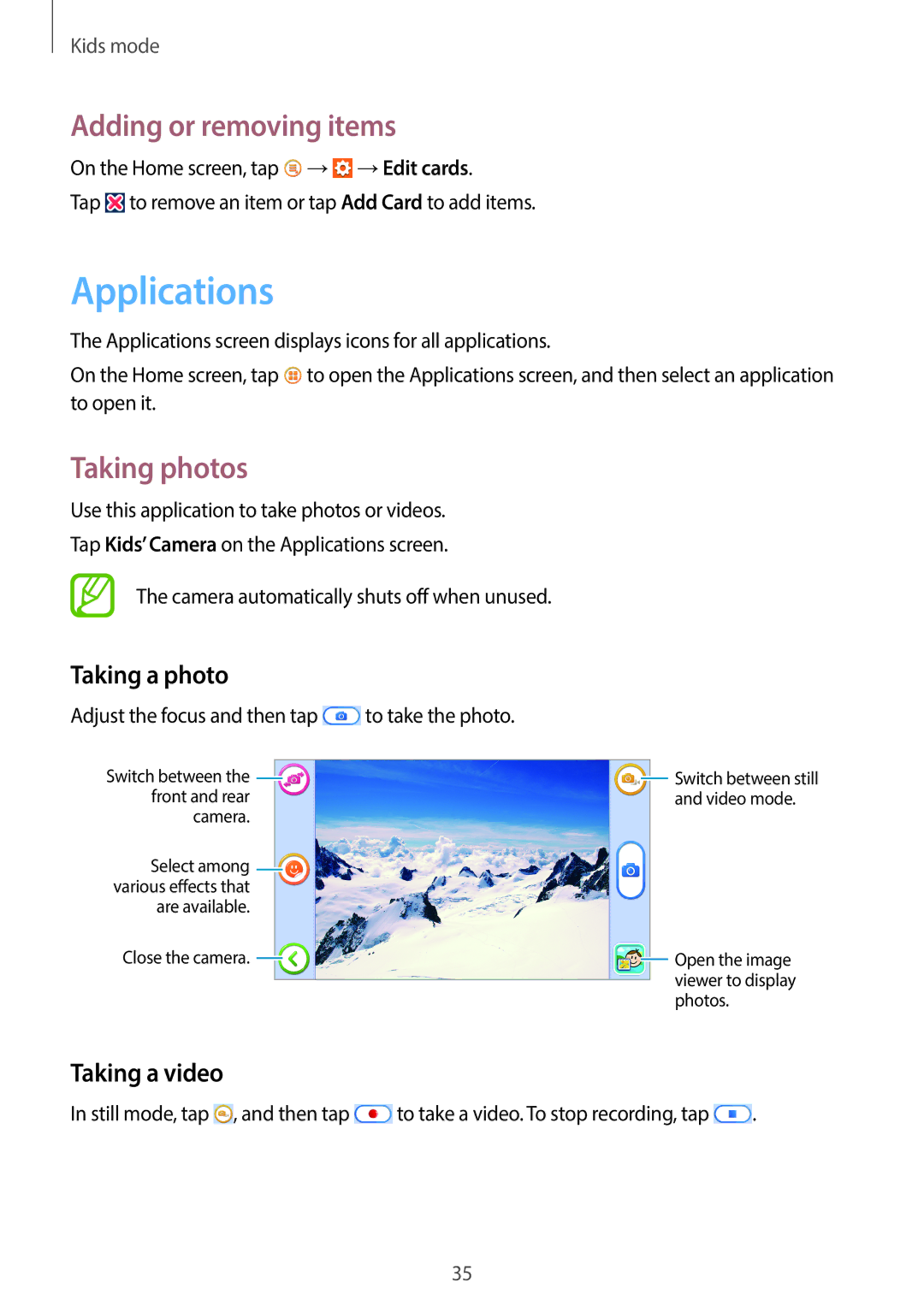 Samsung SM-T2105GYAXEF manual Applications, Adding or removing items, Taking photos, Taking a photo, Taking a video 