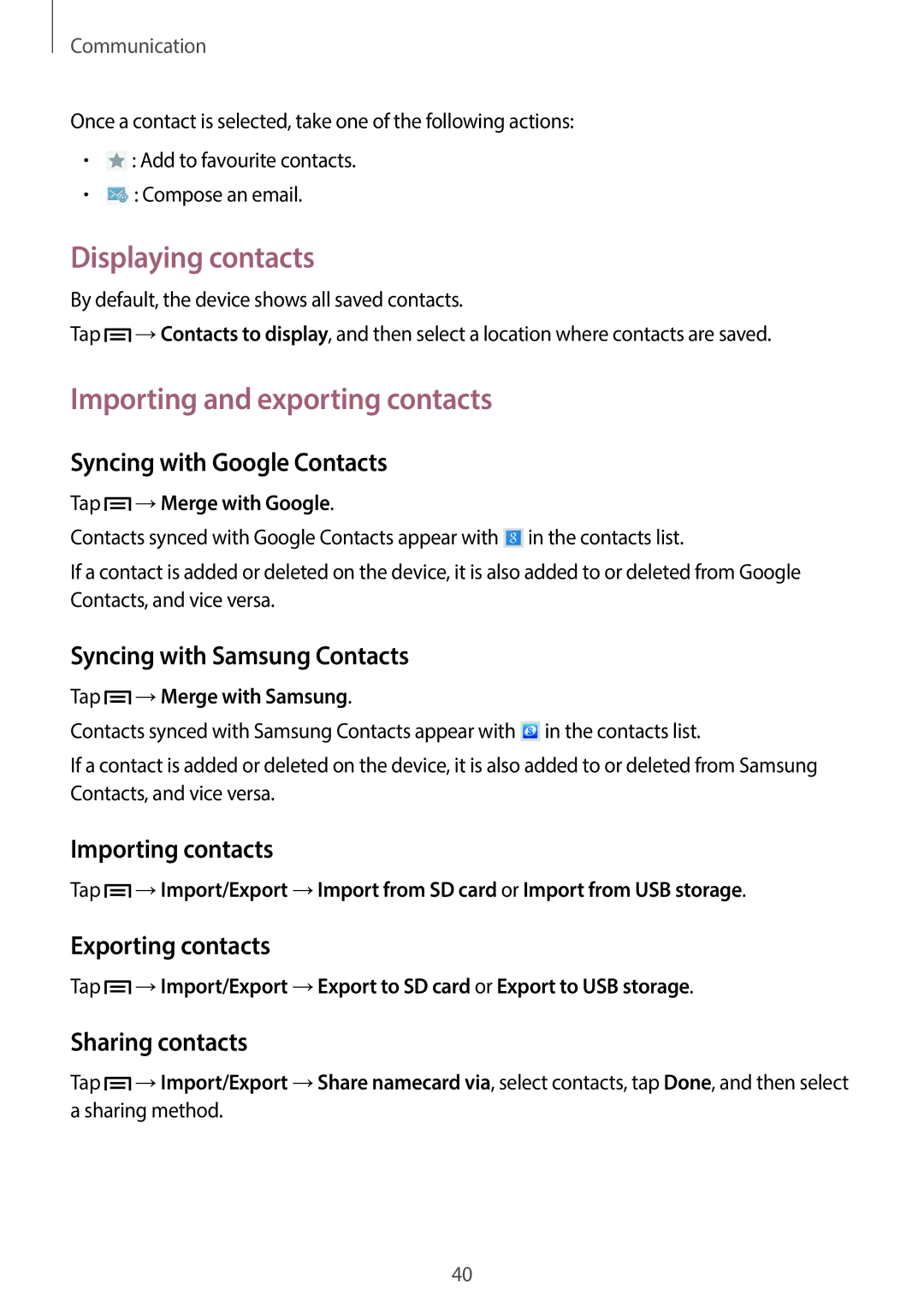 Samsung SM-T2105GYAXEZ, SM-T2105GYATUR, SM-T2105GYZTUR, SM-T2105GYATPH Displaying contacts, Importing and exporting contacts 